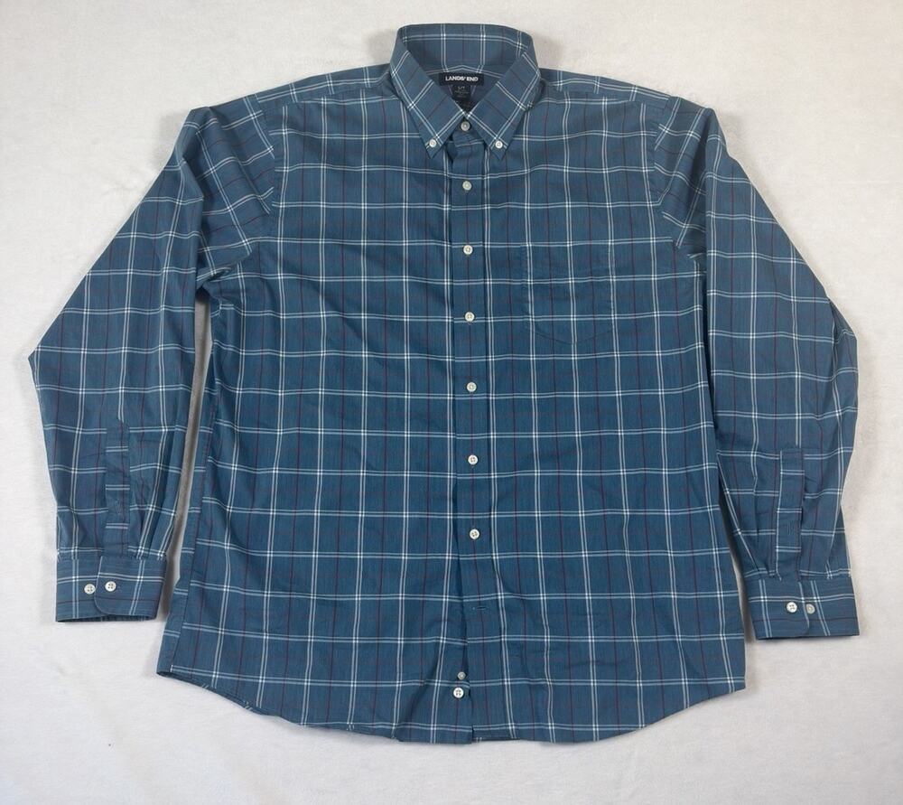 Lands End Men's L Shirt Blueish Green White Red Long Sleeve